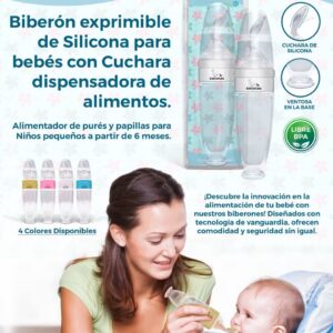 Biberon exprimible de silicona para bebes con cuchara dispensadora de alimentos
